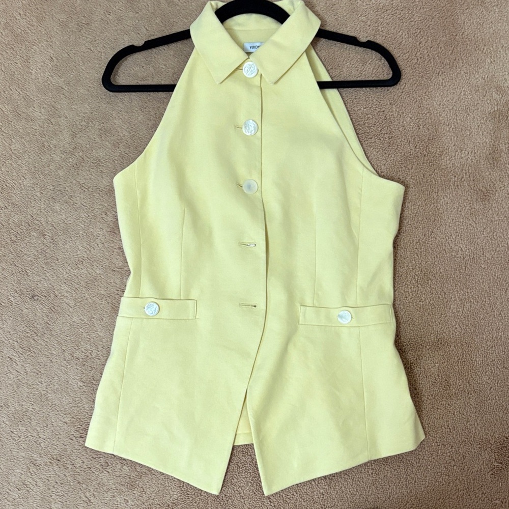 Veronica Beard Sleeveless Halter Button-Front Vest in yellow